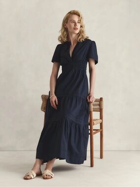 Quince 100% Organic Cotton Poplin Tiered Maxi Dress in navy